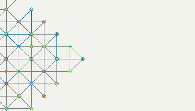 Abstract geometric network with interconnected colored dots and lines on a clean background, symbolizing data flow, technology, and digital communication.