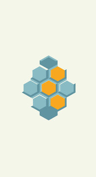 Modern abstract geometric pattern with interconnected blue and orange hexagons, creating a dynamic network or honeycomb design on a clean background.
