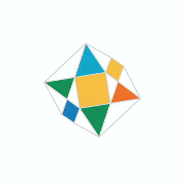 Abstract geometric design with colorful polygons forming a star shape, modern graphic illustration, creative puzzle concept, on white background.