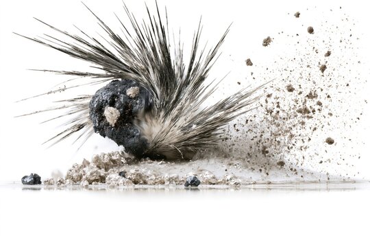 Spiny Black Object Bursting Through Ground, Dust and Debris Ejected