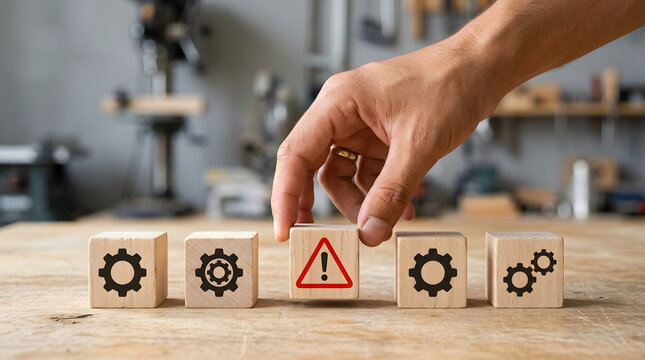 Hand placing warning sign cube among gear icons in workshop.
