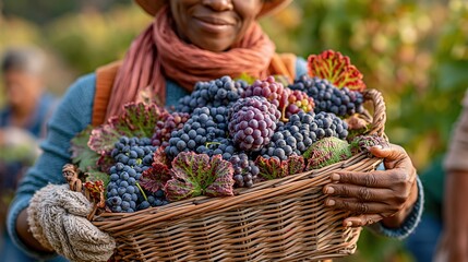 Obraz premium Smiling African American woman holding a basket full of freshly harvested dark grapes in a vineyard during autumn