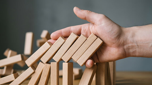 Human hand catching falling wooden blocks to prevent total collapse.
