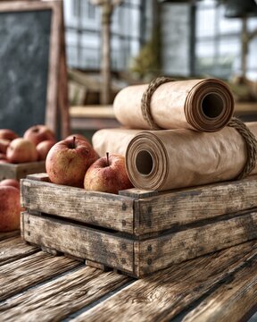 Produce bag roll refill on rustic apple crate at farmers market table
