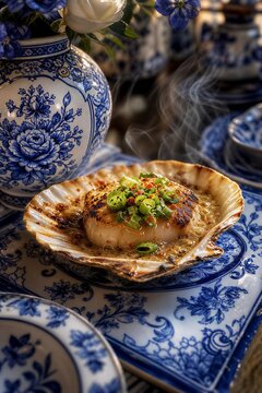 Sizzling Hotate Yakimono with Scallion Garnish on Delftware Porcelain. Savory Shellfish and Floral Pattern Create an Epicurean Culinary Scene.