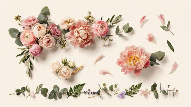 Pink peonies and roses with green eucalyptus leaves arrangement isolated on a transparent background