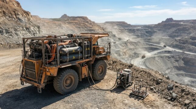 Hydrogen powered mining equipment on pit bench with fuel cell stack, pressure tanks, and ventilation pipework in open pit mine