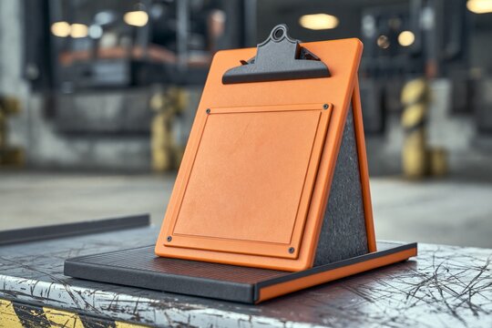 Orange Dock Checklist Clipboard Pocket on Industrial Metal Shelf