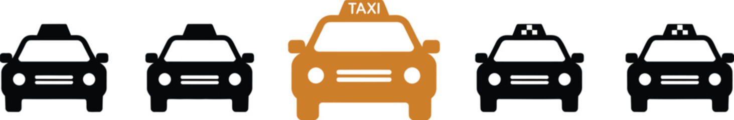 Taxi service icons set, taxi car symbols, taxicab signs, ride booking, cab transportation, and taxi calling icons for apps and websites. © Rohan Kapoor