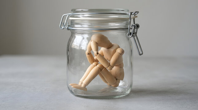 Mannequin trapped inside glass jar feeling sad and alone.
