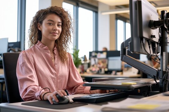 Female Workplace Coordinator Using Left-Handed Mouse at Office Desk
