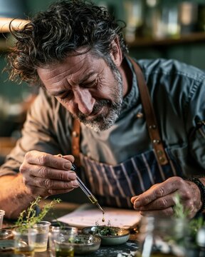 Middle-aged chef adding oil drops to plant-based dish sample in test kitchen