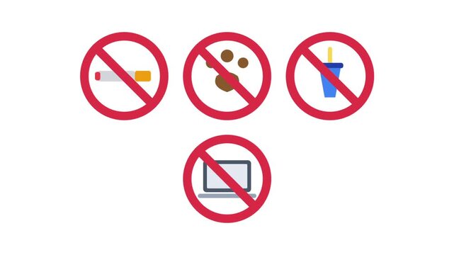 No smoking pets drinks or laptops prohibition signs animation Red circle forbidden icons set Rule enforcement graphics on white background