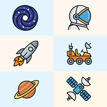 Set of Flat Line Art Space Exploration Icons Including Astronaut Rocket Planet and Satellite