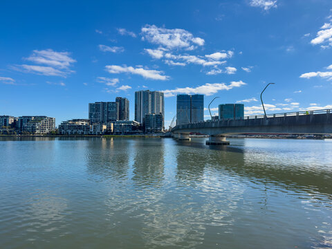 Panorama view of residential apartments on Parramatta River Rhodes Sydney NSW Australia