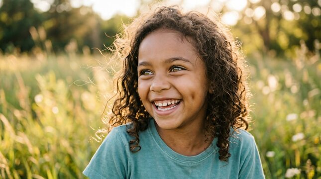 Smiling elementary school girl outdoors in a sunny field, joyful child portrait for back to school youth concept.