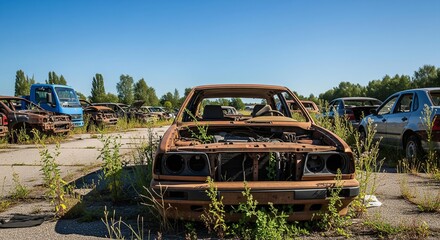 Obraz premium Abandoned car graveyard under a clear blue sky on a sunny day