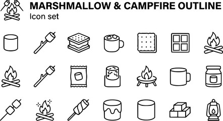 Fototapeta premium Marshmallow and Campfire Treat Outline Icon Set Featuring Roasted Marshmallows, S'mores, Hot Cocoa and Campfires for Camping, Outdoor Cooking and Food Branding, Editable Stroke Vector Collection