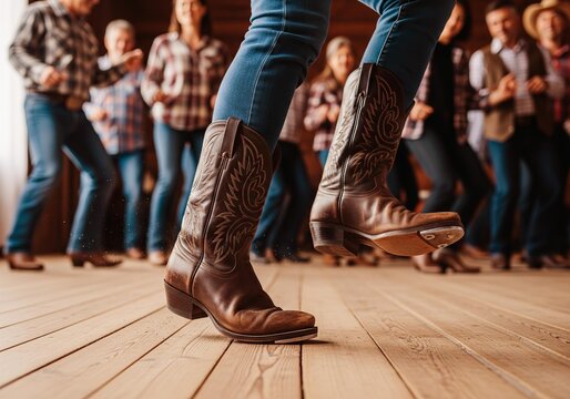 Close-up of cowboy boots line dancing on a wooden floor with people dancing in the background