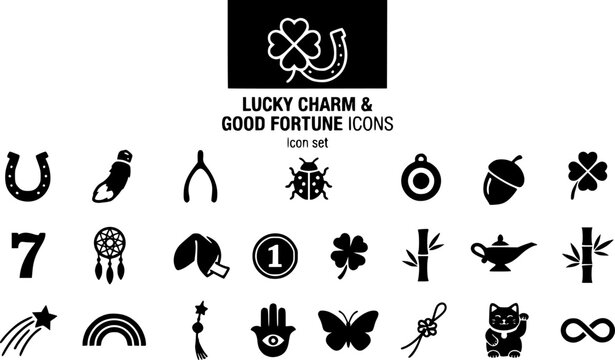 Lucky Charm and Good Fortune Silhouette Icon Set with Horseshoe, Rabbit's Foot, Evil Eye Charm and Fortune Cookie, 20 Single-Symbol Icons for Luck and Good Fortune Brand Design, Flat Vector