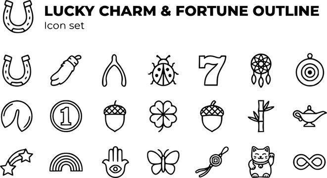 Lucky Charm and Good Fortune Outline Icon Set with Horseshoe, Rabbit's Foot, Evil Eye Charm and Fortune Cookie, 20 Single-Symbol Icons, Editable Strokes