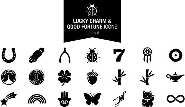 Lucky Charm and Good Fortune Silhouette Icon Set with Horseshoe, Rabbit's Foot, Evil Eye Charm and Fortune Cookie, 20 Single-Symbol Icons for Luck and Good Fortune Brand Design, Flat Vector