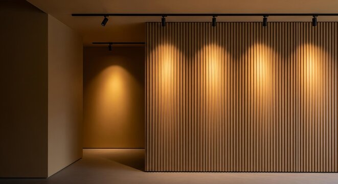 Modern interior with wooden slatted wall and track lighting