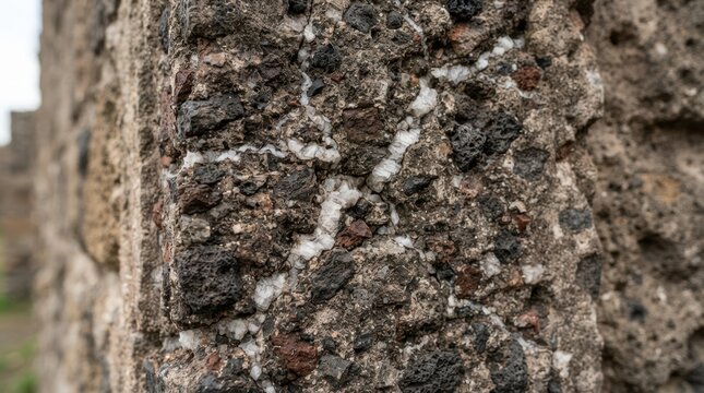 Ancient concrete wall with calcite filled cracks, pozzolanic ash, and volcanic fragments for archaeology and material research.