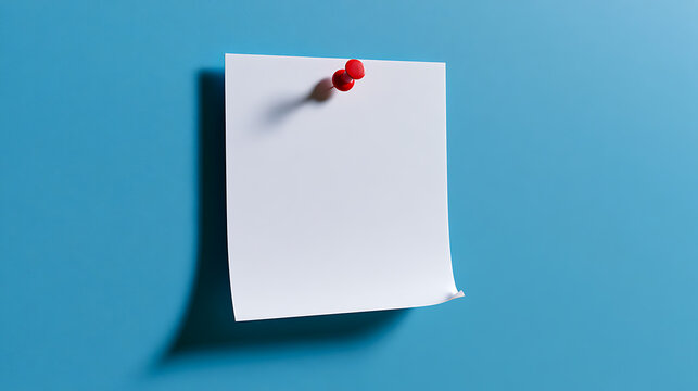Blank White Square Note Paper with Red Pushpin on a Vibrant Blue Background Featuring Copy Space and Clear Shadows