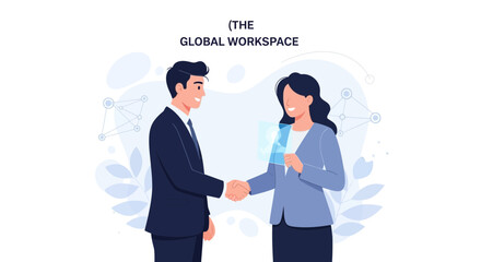 Fototapeta premium Diverse Business Professionals Shaking Hands in Global Workspace with Futuristic Technology Interface