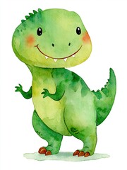 Fototapeta premium Adorable watercolor illustration of a happy green baby dinosaur standing and smiling, perfect for children's themes.