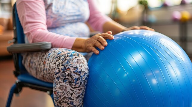 Physical therapist assisting patient with stability ball exercise in rehabilitation session