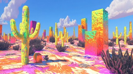 Colorful abstract desert landscape with vibrant cacti and geometric structures Colorful abstract desert landscape with vibrant cacti and geometric structures