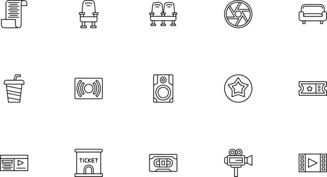 Cinema and movie theater entertainment outline icon set featuring comfortable viewer seats camera lens apertures audio speakers rating stars and film cameras vector graphic