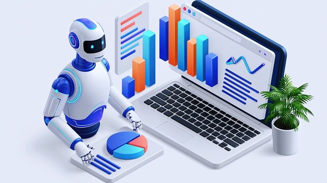 Futuristic AI robot analyzing financial data charts and graphs on a laptop