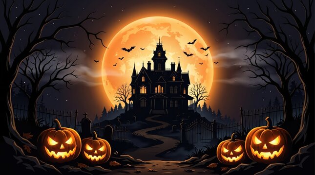 Spooky haunted house with pumpkins at night under full moon