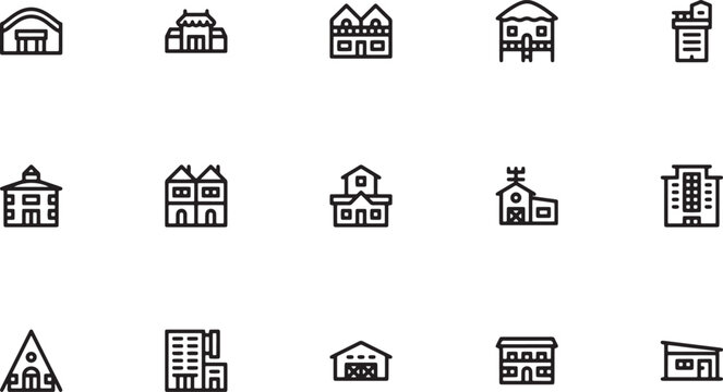 Residential housing and commercial building outline icon set featuring luxury mansions duplex homes stilt cabins modern offices and small chapels vector
