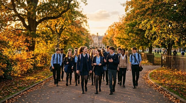 High school students in uniforms walking together through a scenic autumn park on a sunny day.