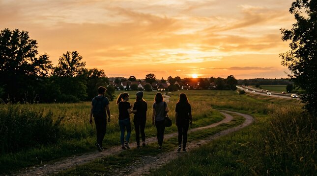 Group of young students walking home along country path at sunset, back to school friendship and togetherness in golden hour light.