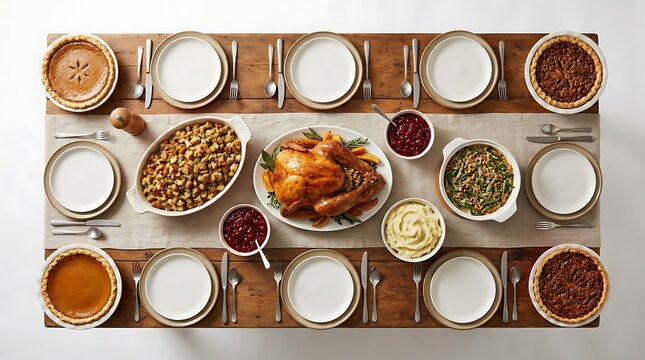 A beautifully set table with a delicious Thanksgiving feast, including roasted turkey, mashed potatoes, and pumpkin pie.