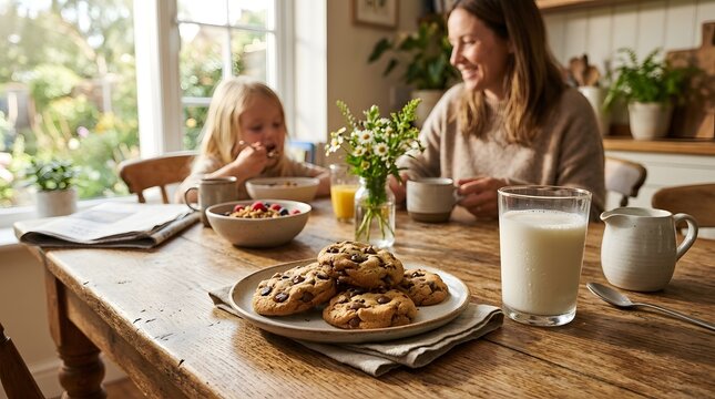 Cookies and a glass of cold milk on a wooden breakfast table, cozy family atmosphere, natural sunlight, photorealistic food styling, commercial stock image