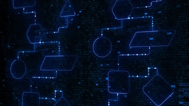 Futuristic process diagram outlines, linked boxes, dotted paths, and programming code deep blue grid. automation , system planning, developer tutorials, network diagrams, cyber visuals software promos