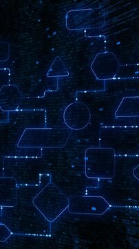 Blue digital flowchart interface nodes, connected shapes, code texture, matrix style . software process explainers, app demos, algorithm topics, data dashboards, technology intros, visual overlays.