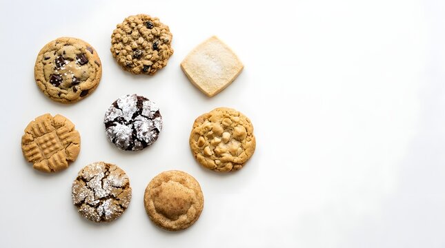 Minimalist overhead view of assorted cookies on white background, clean commercial layout, generous copy space, professional food photography