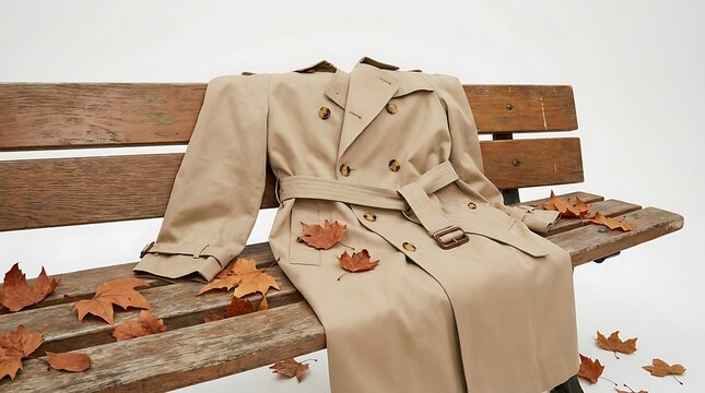 A beige trench coat sits on a wooden bench surrounded by fallen autumn leaves.