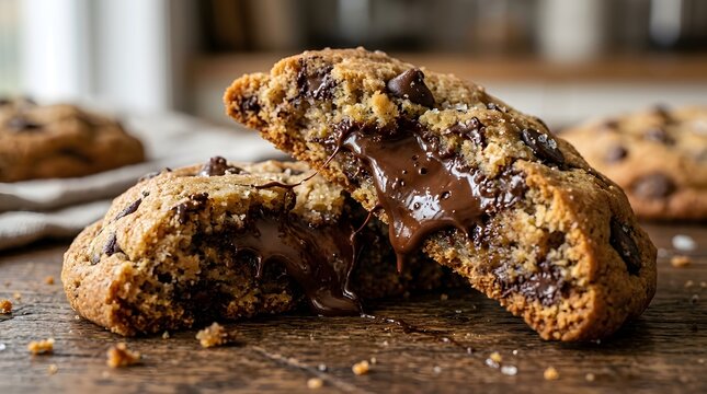 Close-up macro of a broken chocolate chip cookie revealing gooey melted chocolate center, crisp texture, ultra realistic food photography