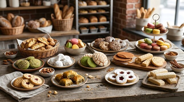 Large assortment of international cookies from different cultures beautifully displayed on a wooden table, vibrant colors, artisan bakery presentation, ultra realistic food photography, natural lighti