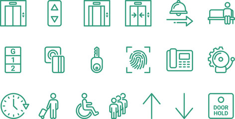 Elevator icon set. Modern lift buttons and floor indicator symbols for building navigation. © Septarim