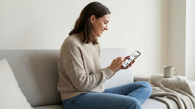 A woman sits on a couch, smiling while using her smartphone in a cozy living room setting.