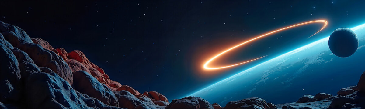Rugged dark textured asteroid surface with pale blue Earth in background. Glowing orange trajectory arc and orbiting moon in space. Asteroid Day concept